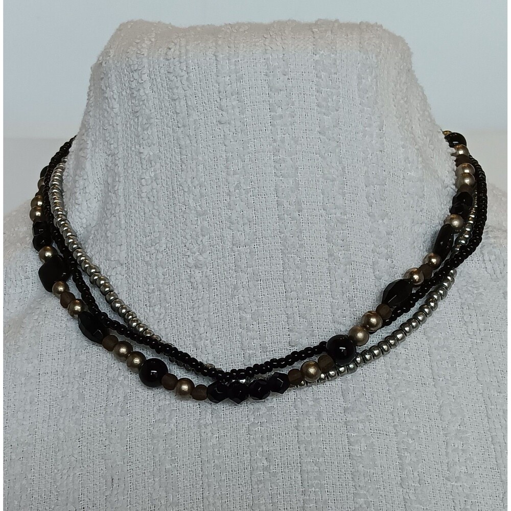 Premier Designs Triple Strand Gunmetal Black Silver Bead Necklace Retired - Picture 3 of 9